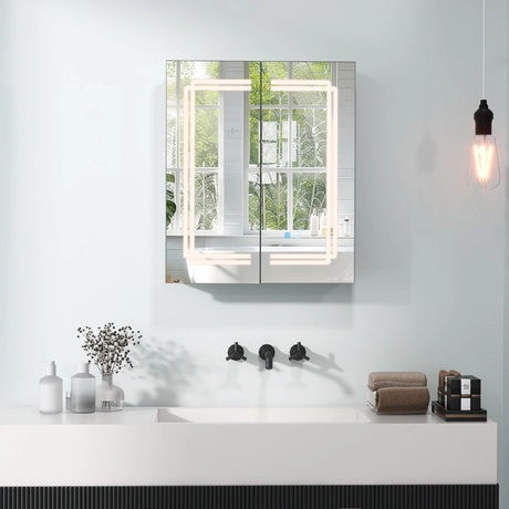 60 x 70 cm Bathroom Medicine Cabinet with LED Lighted, 2 Outlets and Adjustable Storage Shelves
