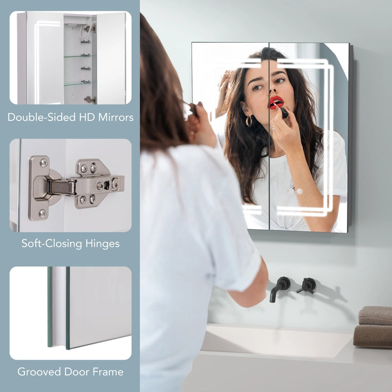 60 x 70 cm Bathroom Medicine Cabinet with LED Lighted, 2 Outlets and Adjustable Storage Shelves