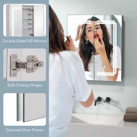 60 x 70 cm Bathroom Medicine Cabinet with LED Lighted, 2 Outlets and Adjustable Storage Shelves