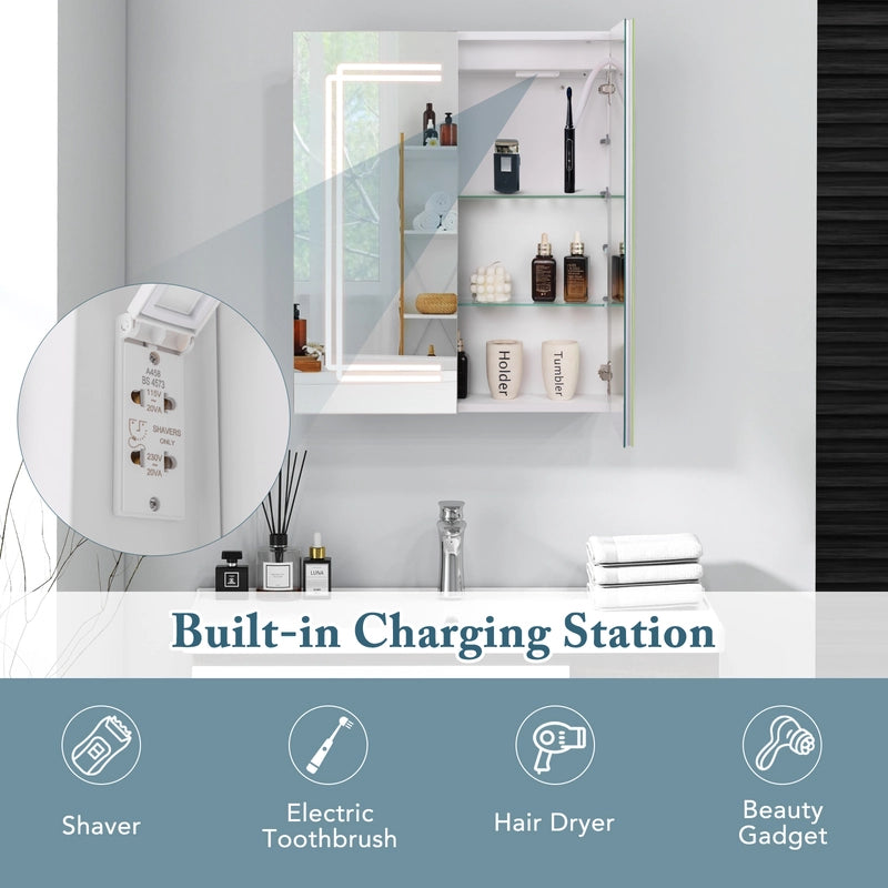 60 x 70 cm Bathroom Medicine Cabinet with LED Lighted, 2 Outlets and Adjustable Storage Shelves