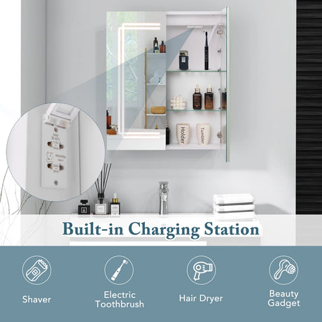 60 x 70 cm Bathroom Medicine Cabinet with LED Lighted, 2 Outlets and Adjustable Storage Shelves