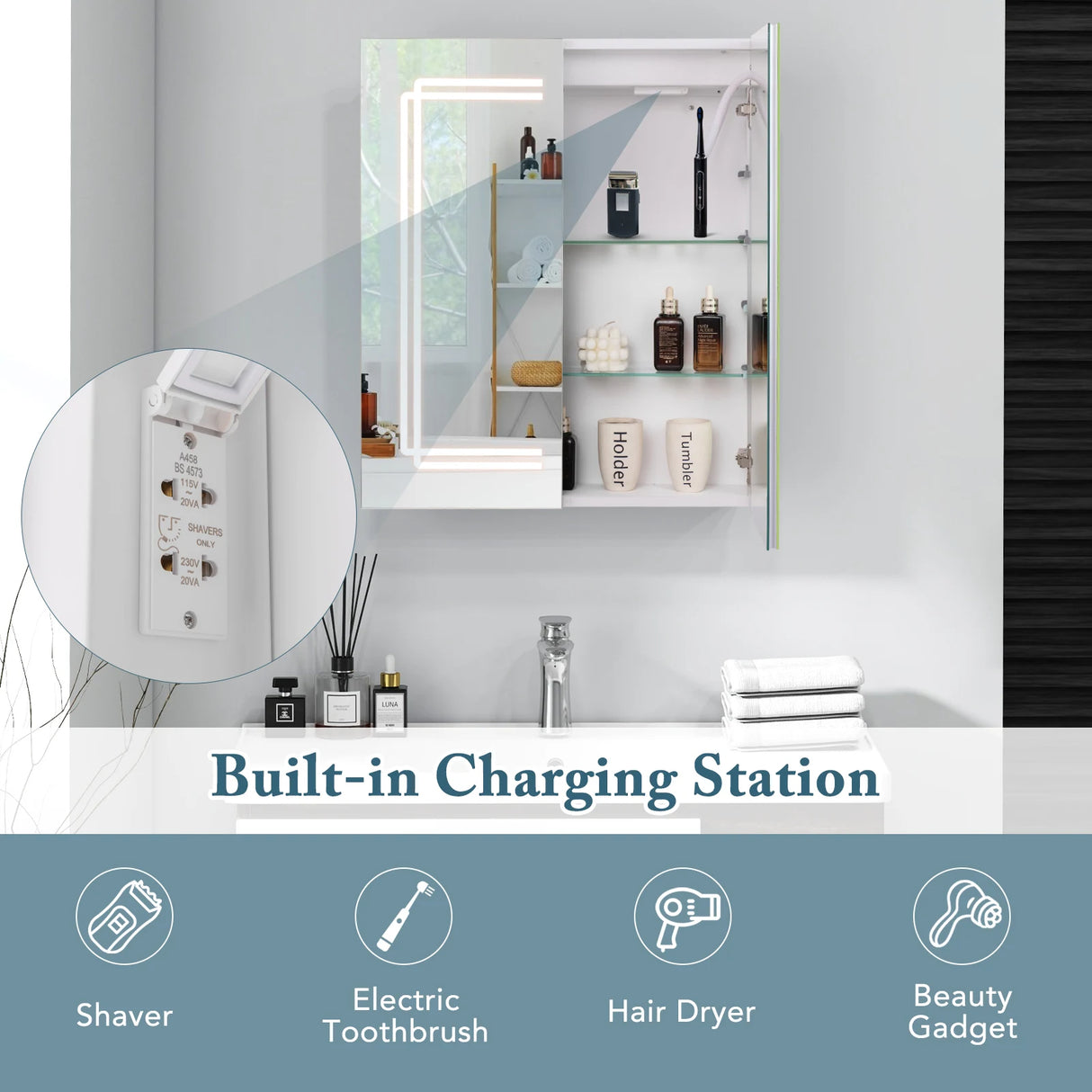60 x 70 cm Bathroom Medicine Cabinet with LED Lighted, 2 Outlets and Adjustable Storage Shelves