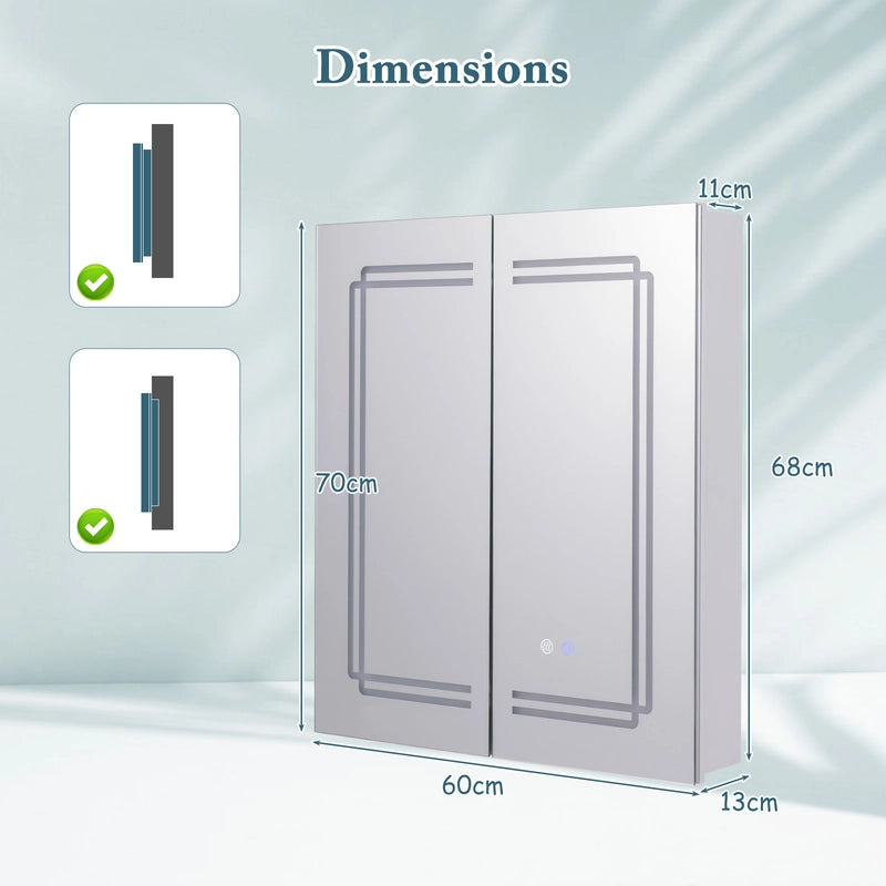 60 x 70 cm Bathroom Medicine Cabinet with LED Lighted, 2 Outlets and Adjustable Storage Shelves
