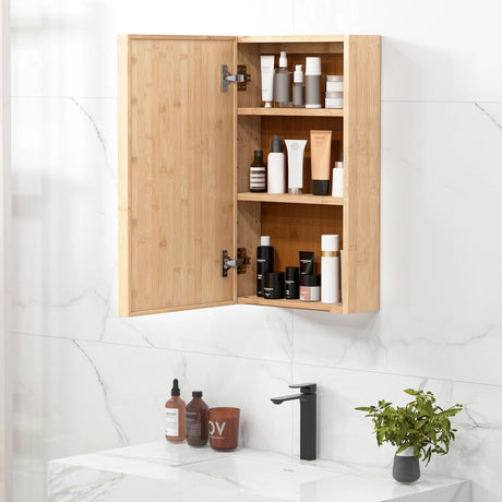 Bamboo Bathroom Wall Cabinet with Mirror with 2 Adjustable Shelves-Natural