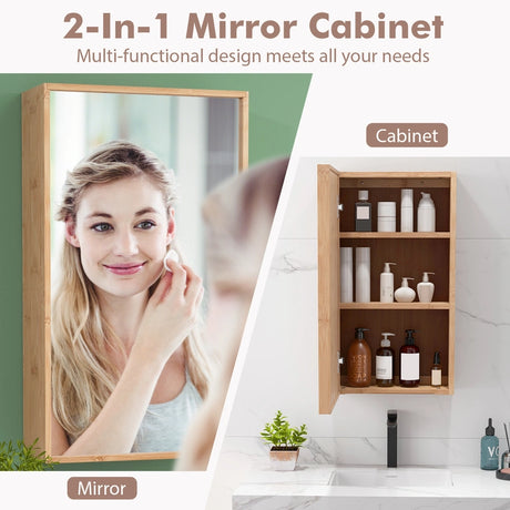 Bamboo Bathroom Wall Cabinet with Mirror with 2 Adjustable Shelves-Natural