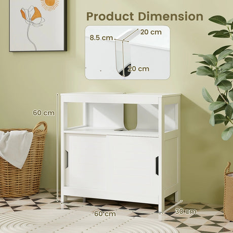 Pedestal Sink Storage Cabinet with 2 Sliding Doors and U-shaped Cut-out-White