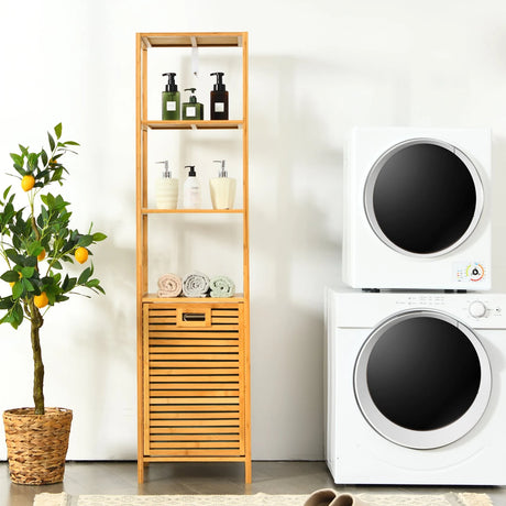 Bamboo Tower Hamper Organizer with 3-Tier Storage Shelves-Natural