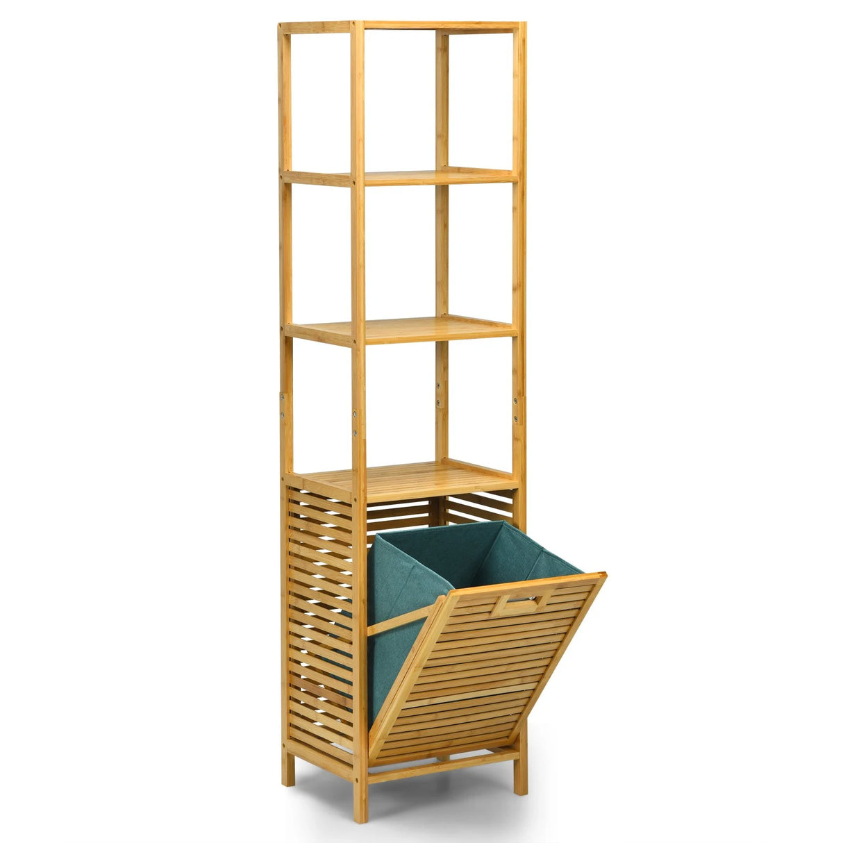 Bamboo Tower Hamper Organizer with 3-Tier Storage Shelves-Natural