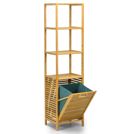 Bamboo Tower Hamper Organizer with 3-Tier Storage Shelves-Natural