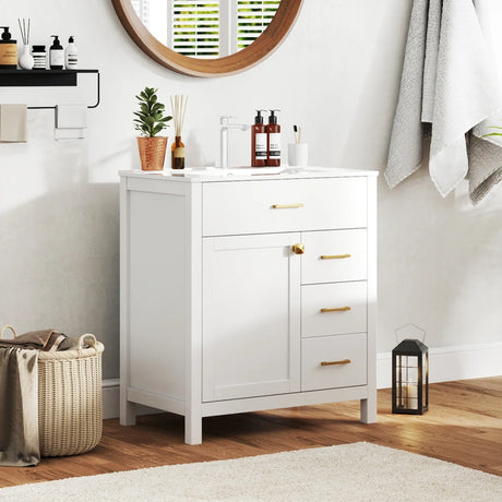 76CM 2-Tier Bathroom Vanity with Sink and Adjustable Shelve-White