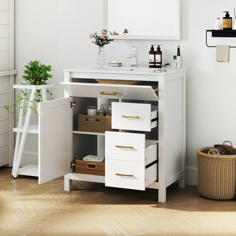 76CM 2-Tier Bathroom Vanity with Sink and Adjustable Shelve-White
