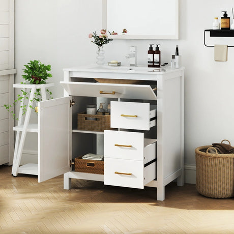 76CM 2-Tier Bathroom Vanity with Sink and Adjustable Shelve-White