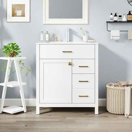 76CM 2-Tier Bathroom Vanity with Sink and Adjustable Shelve-White