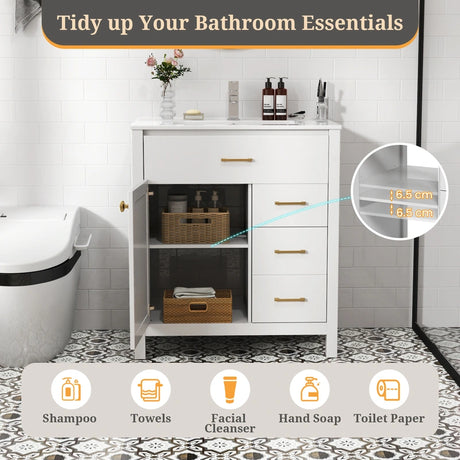 76CM 2-Tier Bathroom Vanity with Sink and Adjustable Shelve-White