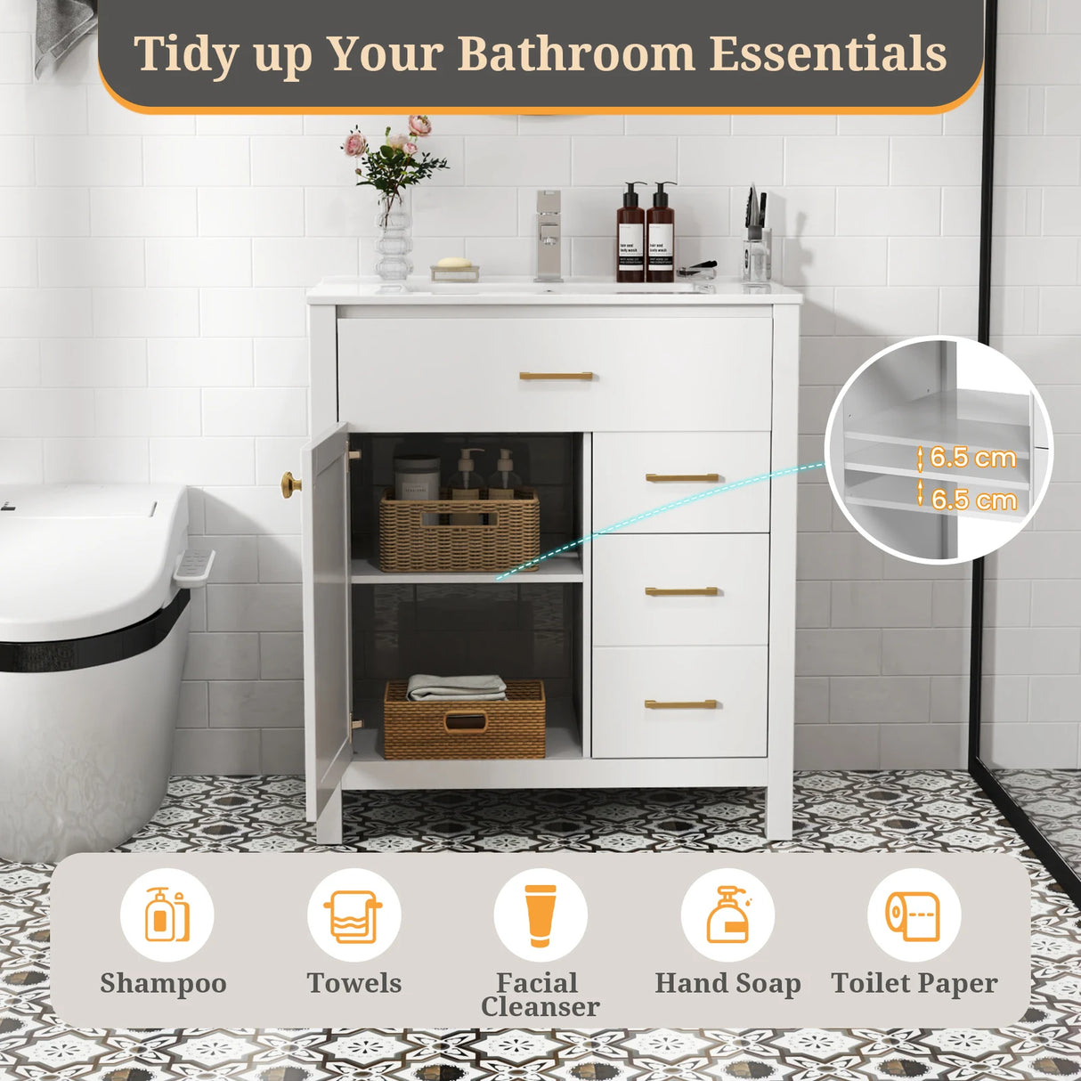 76CM 2-Tier Bathroom Vanity with Sink and Adjustable Shelve-White
