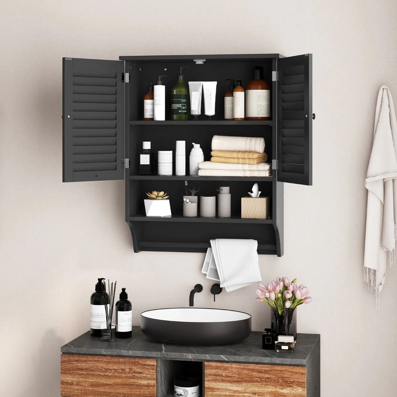 2-Doors Bathroom Wall-Mounted Medicine Cabinet with Towel Bar-Black
