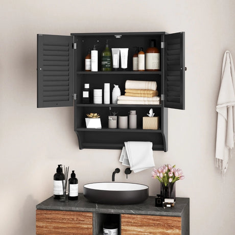 2-Doors Bathroom Wall-Mounted Medicine Cabinet with Towel Bar-Black