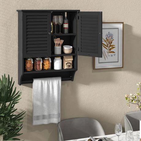 2-Doors Bathroom Wall-Mounted Medicine Cabinet with Towel Bar-Black