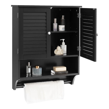 2-Doors Bathroom Wall-Mounted Medicine Cabinet with Towel Bar-Black