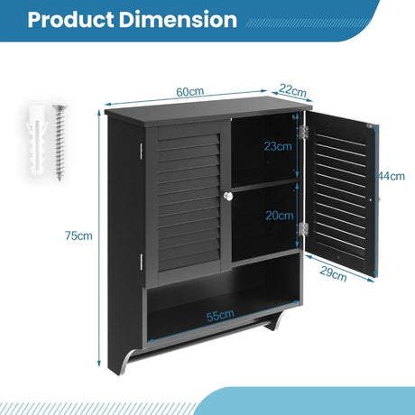 2-Doors Bathroom Wall-Mounted Medicine Cabinet with Towel Bar-Black