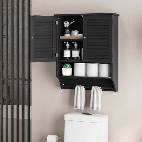 2-Doors Bathroom Wall-Mounted Medicine Cabinet with Towel Bar-Black