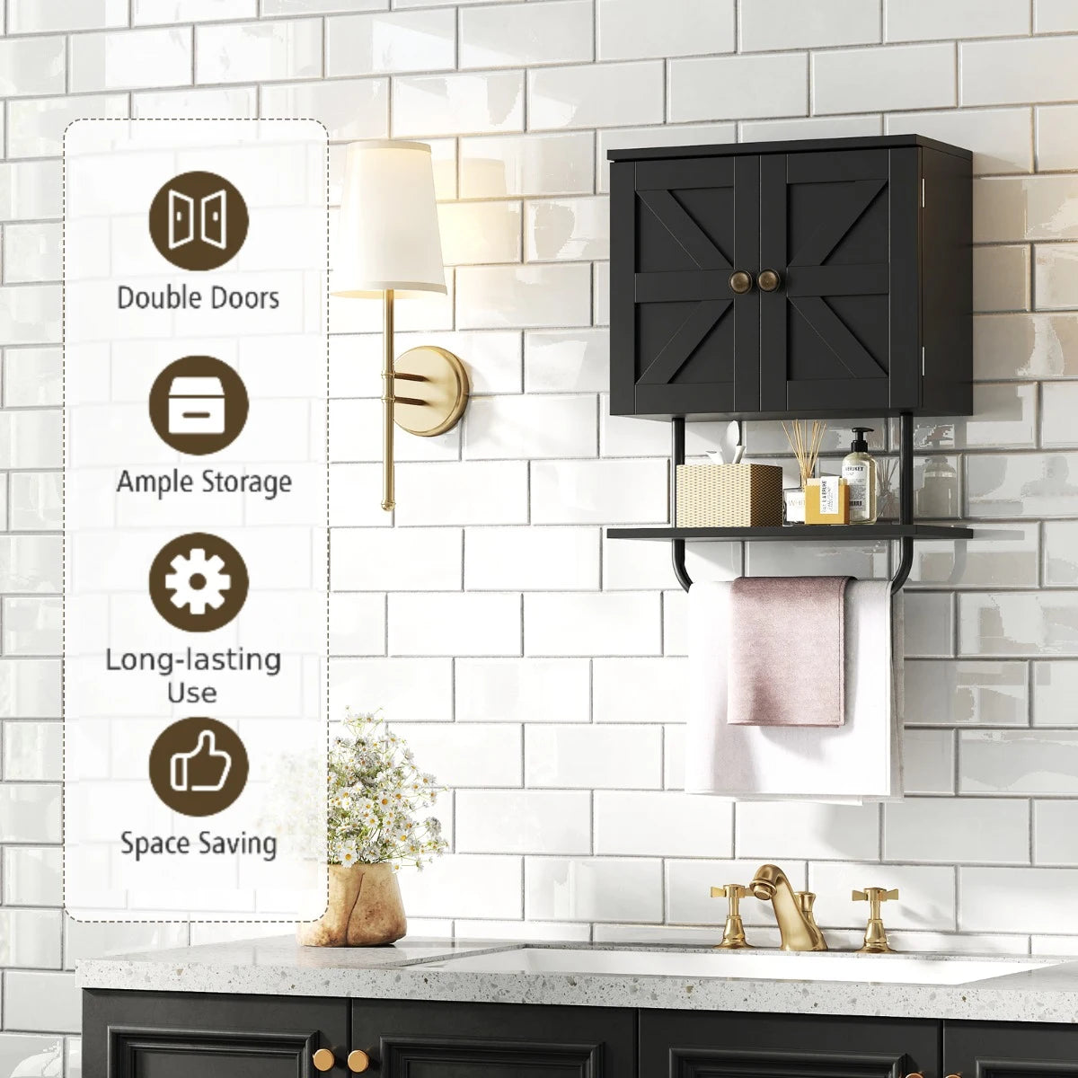 Bathroom Wall Cabinet with Double Door and Open Shelf and Towel Rack-Black