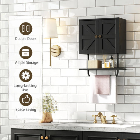 Bathroom Wall Cabinet with Double Door and Open Shelf and Towel Rack-Black