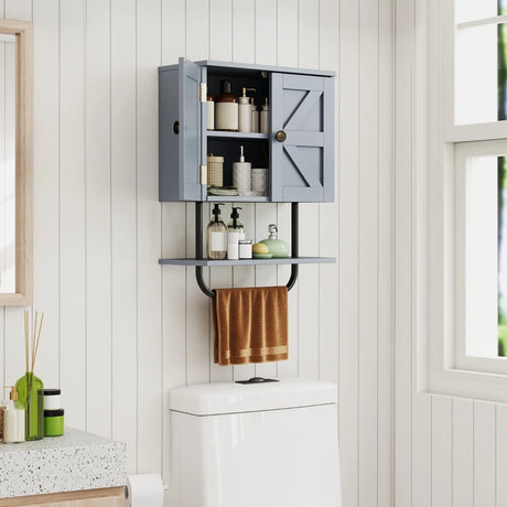 Bathroom Wall Cabinet with Double Door and Open Shelf and Towel Rack-Grey