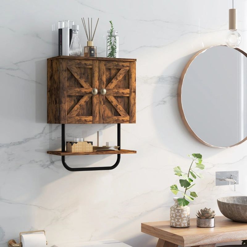 Bathroom Wall Cabinet with Double Doors &amp; Open Shelf &amp; Towel Rack-Brown