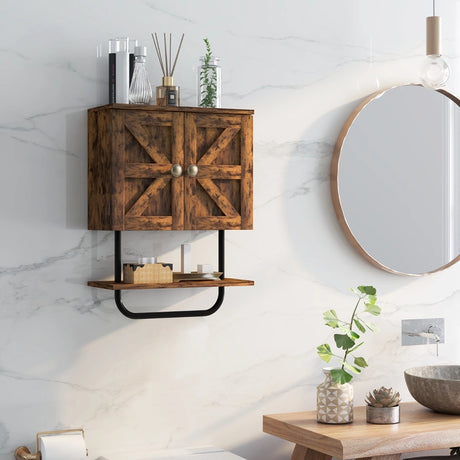 Bathroom Wall Cabinet with Double Doors &amp; Open Shelf &amp; Towel Rack-Brown