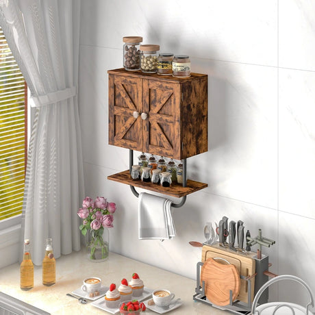 Bathroom Wall Cabinet with Double Doors &amp; Open Shelf &amp; Towel Rack-Brown