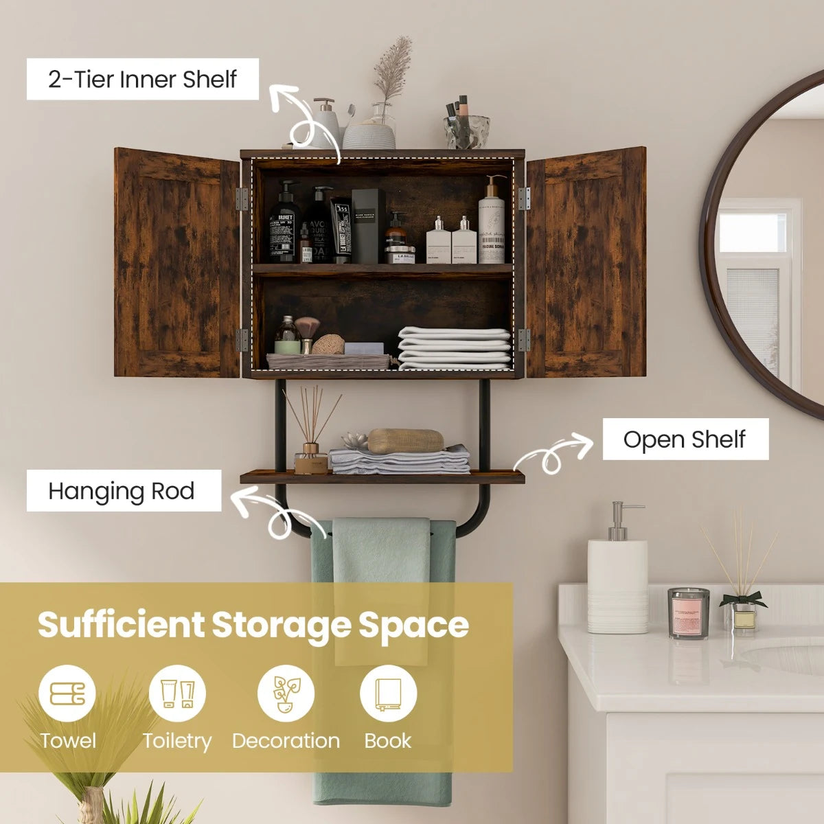 Bathroom Wall Cabinet with Double Doors &amp; Open Shelf &amp; Towel Rack-Brown