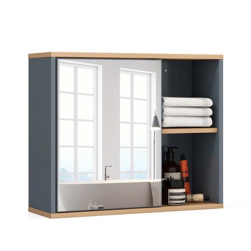 Bathroom Wall Mounted Cabinet with Single Mirror Door and Adjustable Shelf-Gray