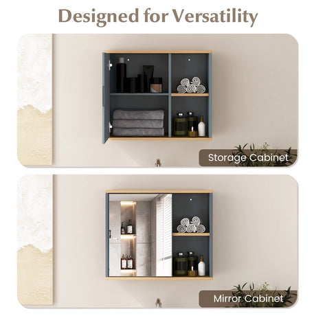 Bathroom Wall Mounted Cabinet with Single Mirror Door and Adjustable Shelf-Gray