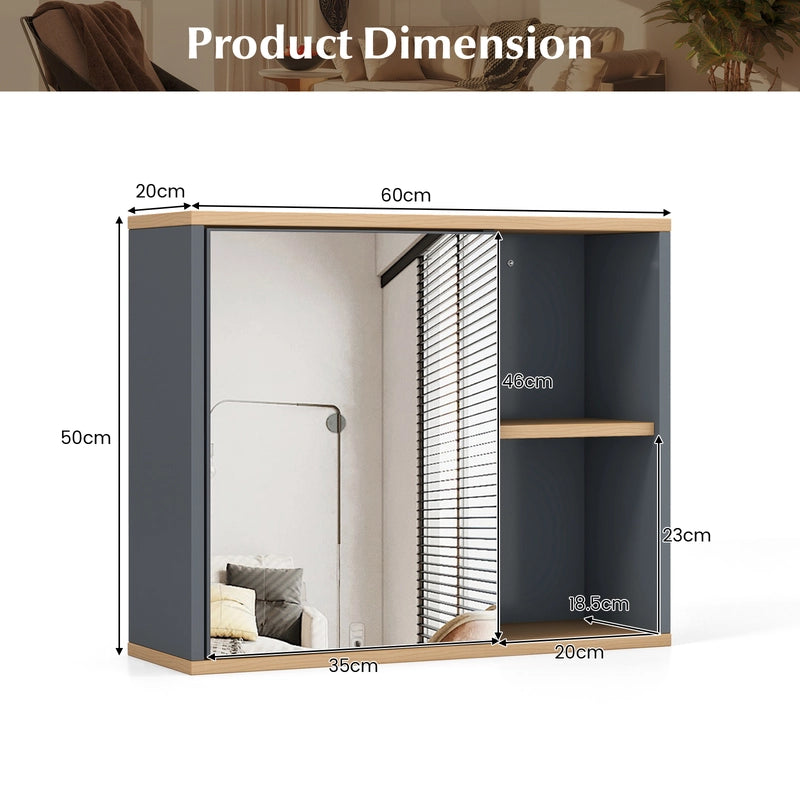 Bathroom Wall Mounted Cabinet with Single Mirror Door and Adjustable Shelf-Gray