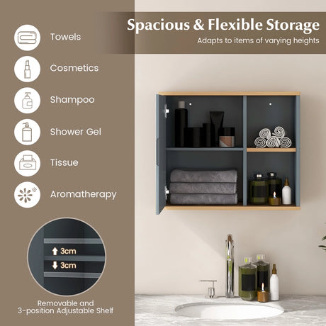 Bathroom Wall Mounted Cabinet with Single Mirror Door and Adjustable Shelf-Gray