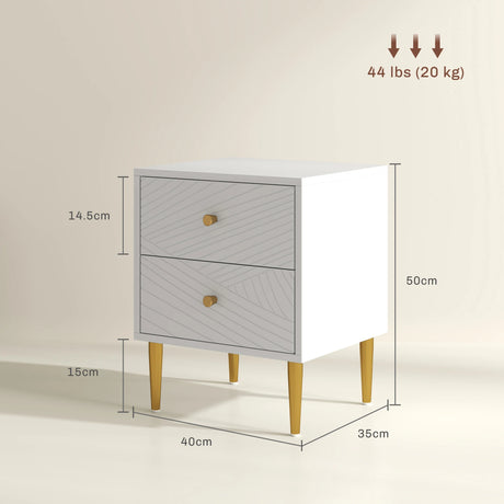 HOMCOM Elegant Two-Drawer Bedside Table - White/Gold-Tone