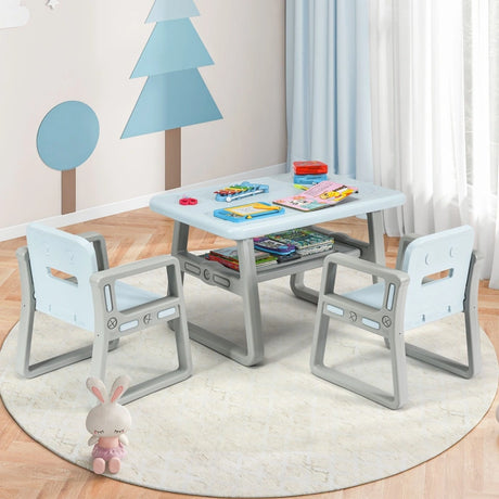 Kids Table and 2 Chairs Set with Storage Shelf-Blue