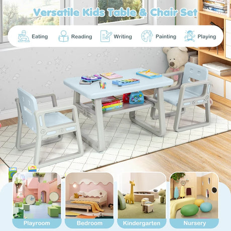 Kids Table and 2 Chairs Set with Storage Shelf-Blue