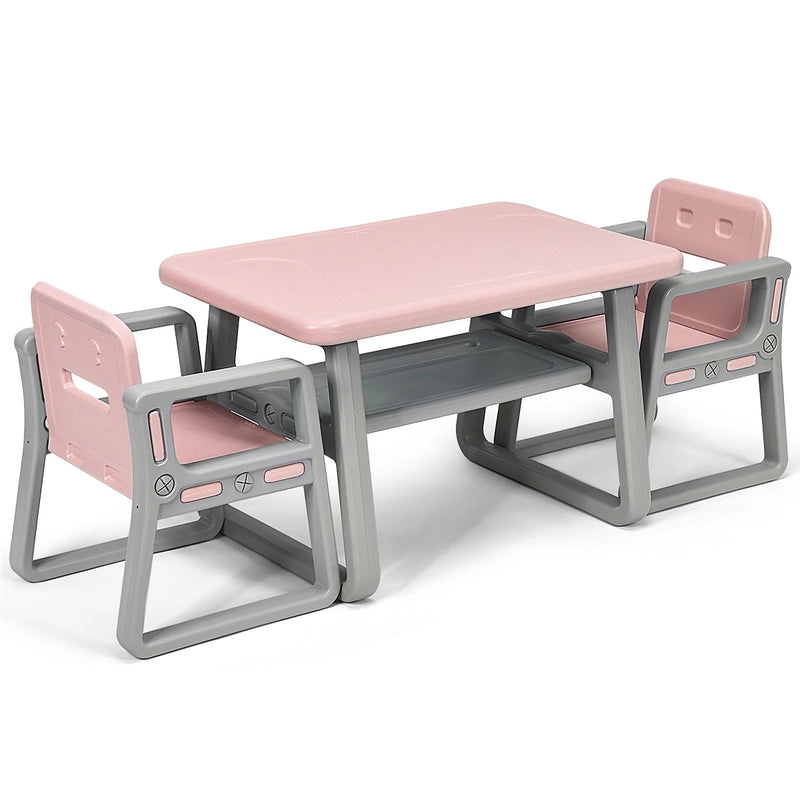 Kids Table and 2 Chairs Set with Storage Shelf-Pink