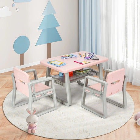 Kids Table and 2 Chairs Set with Storage Shelf-Pink