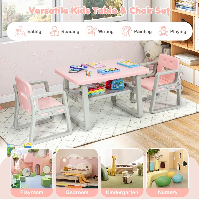 Kids Table and 2 Chairs Set with Storage Shelf-Pink