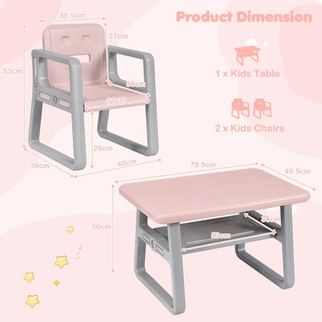 Kids Table and 2 Chairs Set with Storage Shelf-Pink