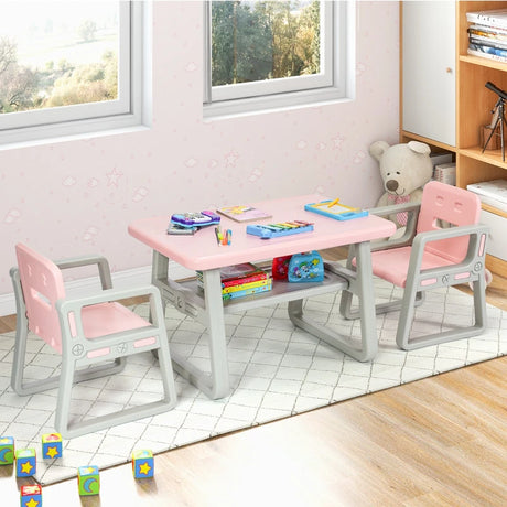Kids Table and 2 Chairs Set with Storage Shelf-Pink