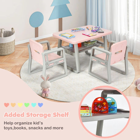 Kids Table and 2 Chairs Set with Storage Shelf-Pink