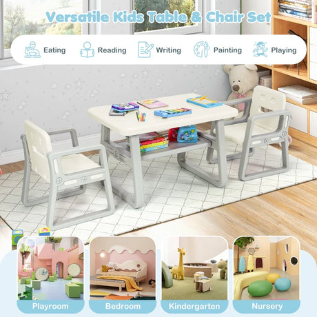 3 Piece Kids Table and 2 Chairs Set with Storage Shelf