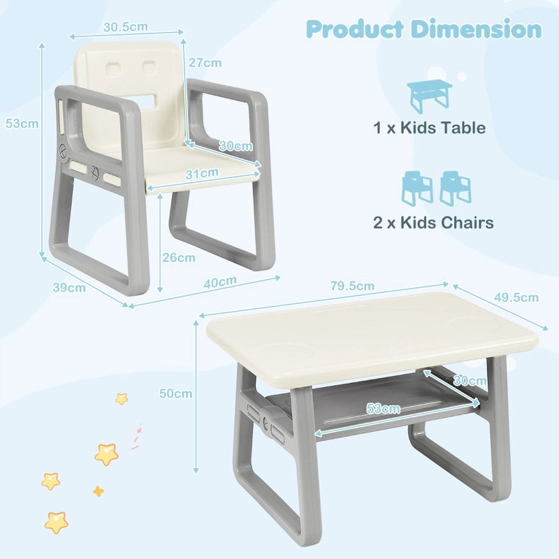 3 Piece Kids Table and 2 Chairs Set with Storage Shelf