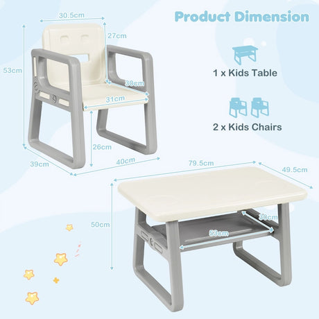 3 Piece Kids Table and 2 Chairs Set with Storage Shelf