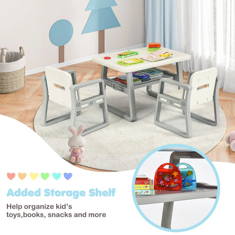 3 Piece Kids Table and 2 Chairs Set with Storage Shelf