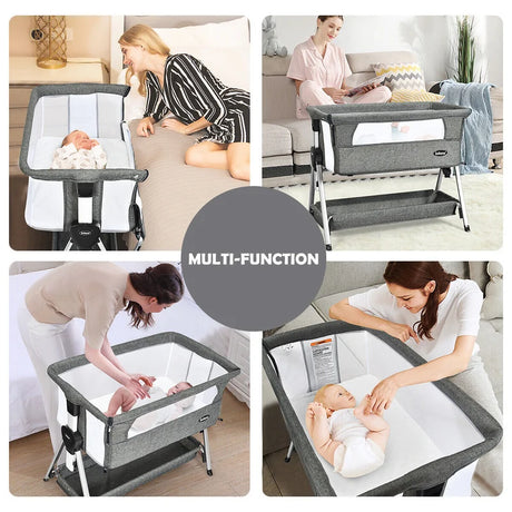 Portable Baby Crib with Adjustable Height and Wheels-Dark Grey